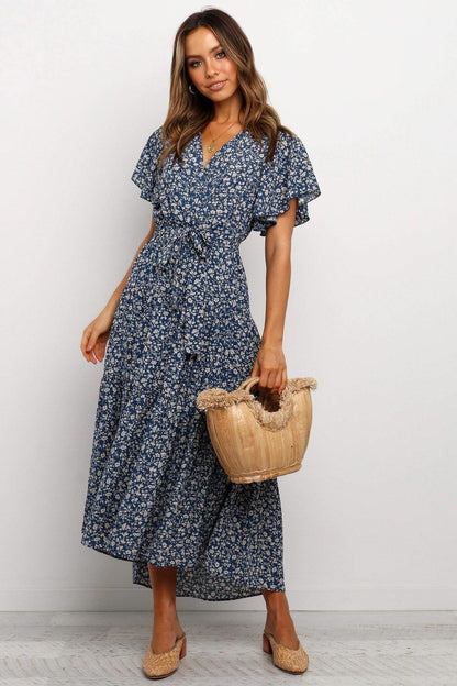 Women Short Sleeves V Neck Midi Dresses-STYLEGOING