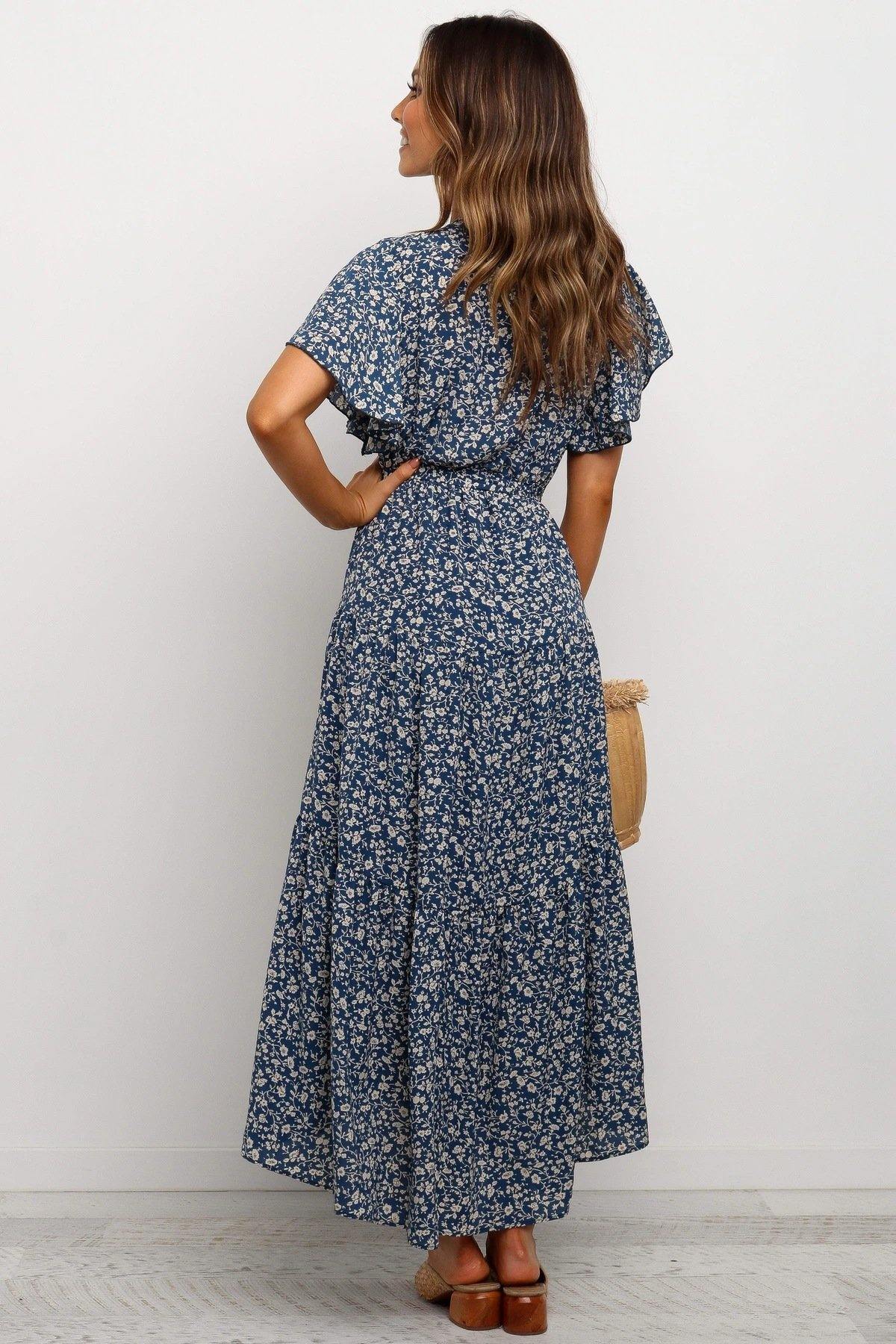 Women Short Sleeves V Neck Midi Dresses-STYLEGOING