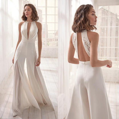 Women White Backless Halter Causal Sexy Jumpsuits-STYLEGOING