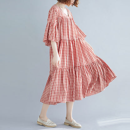 Red Plaid Plus Sizes Summer Midi Dresses