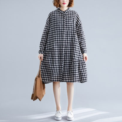 Casual Linen Plaid Plus Sizes Shirt Short Dresses