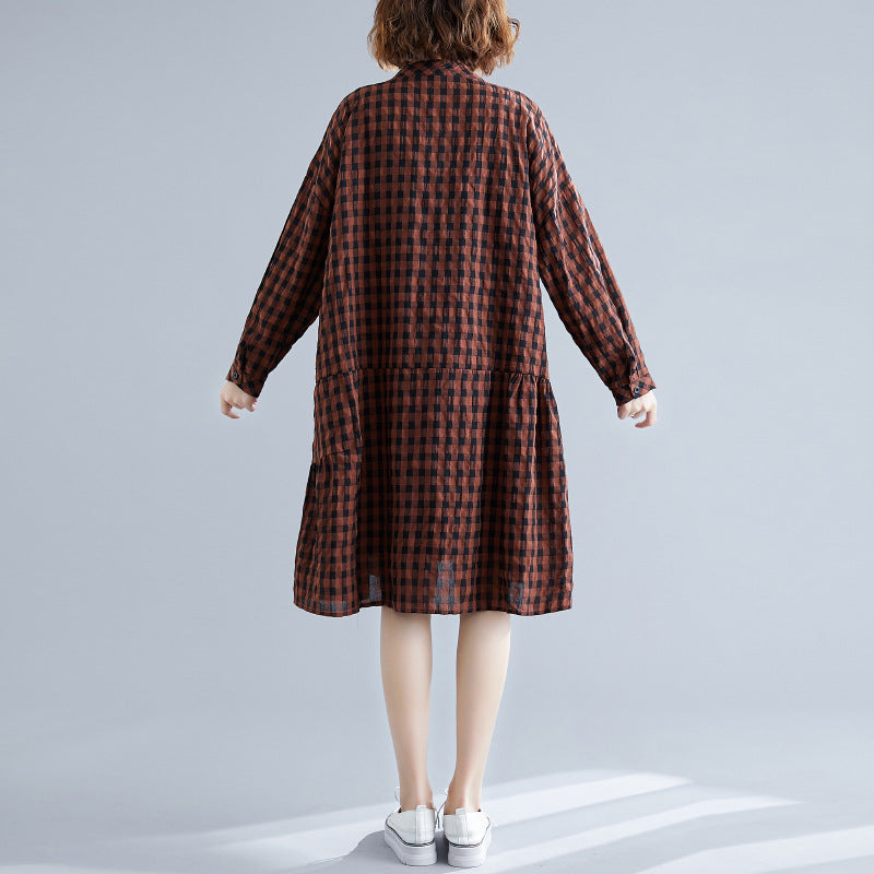 Casual Linen Plaid Plus Sizes Shirt Short Dresses