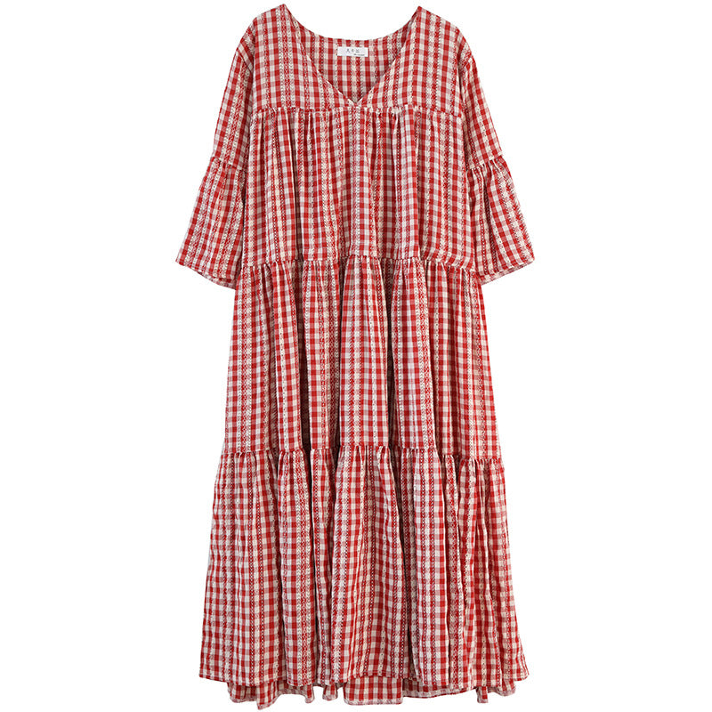 Red Plaid Plus Sizes Summer Midi Dresses