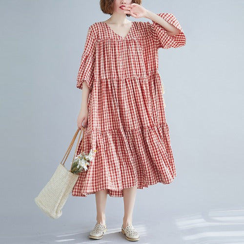 Red Plaid Plus Sizes Summer Midi Dresses