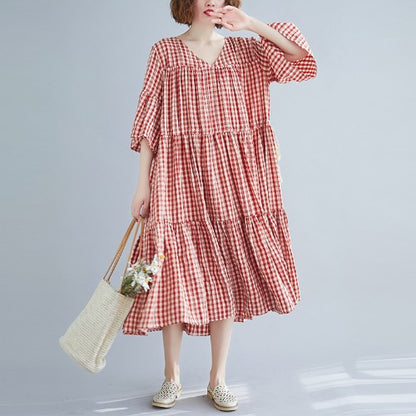 Red Plaid Plus Sizes Summer Midi Dresses
