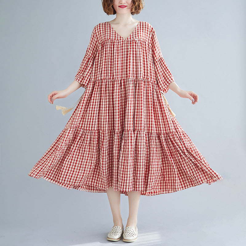 Red Plaid Plus Sizes Summer Midi Dresses
