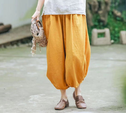 Ethnic Linen Elastic Waist Casual Pants for Women