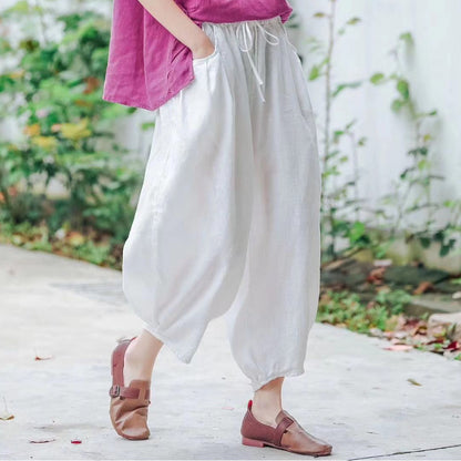 Ethnic Linen Elastic Waist Casual Pants for Women