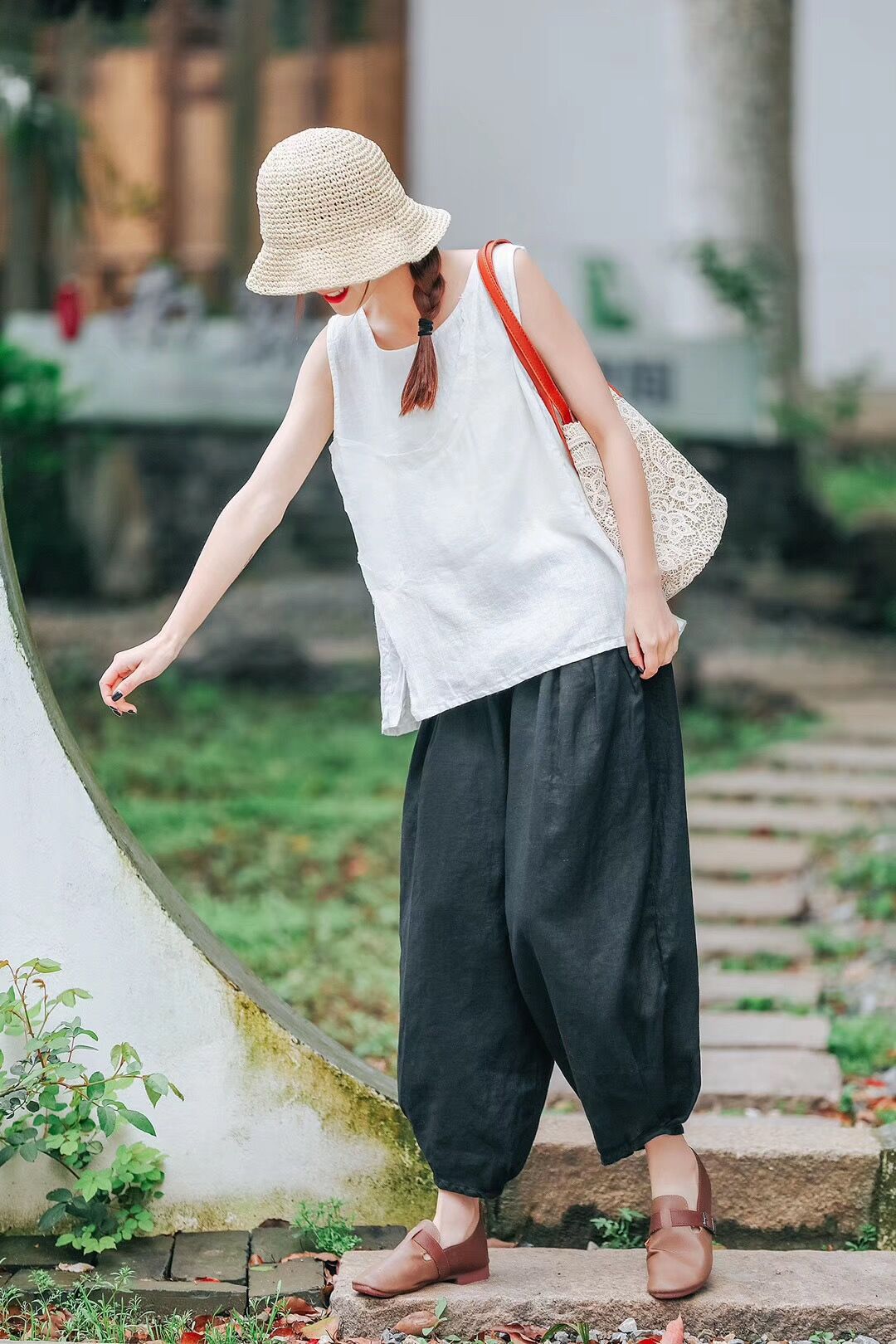 Ethnic Linen Elastic Waist Casual Pants for Women