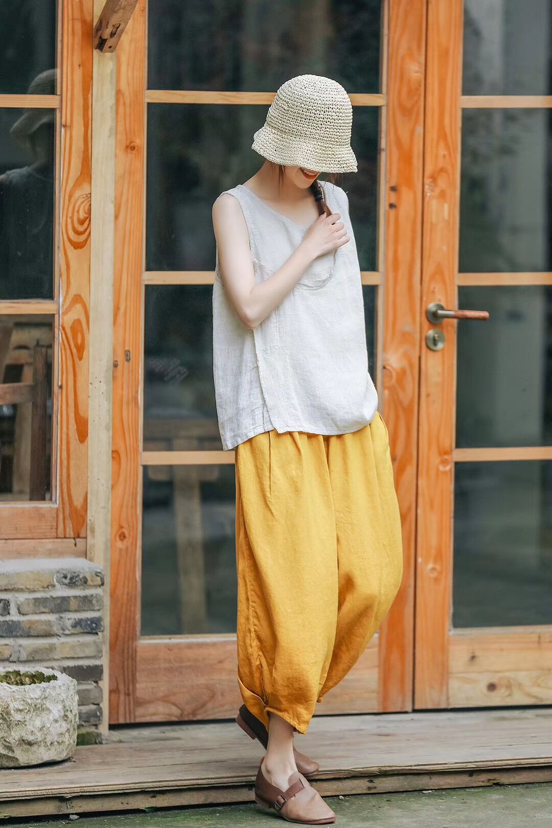 Ethnic Linen Elastic Waist Casual Pants for Women
