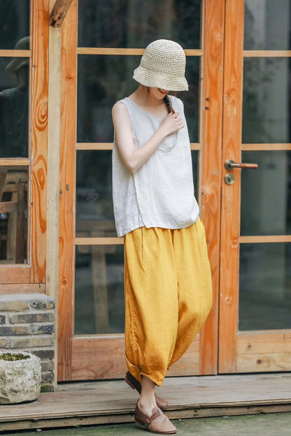 Ethnic Linen Elastic Waist Casual Pants for Women
