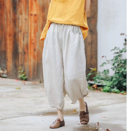 Ethnic Linen Elastic Waist Casual Pants for Women
