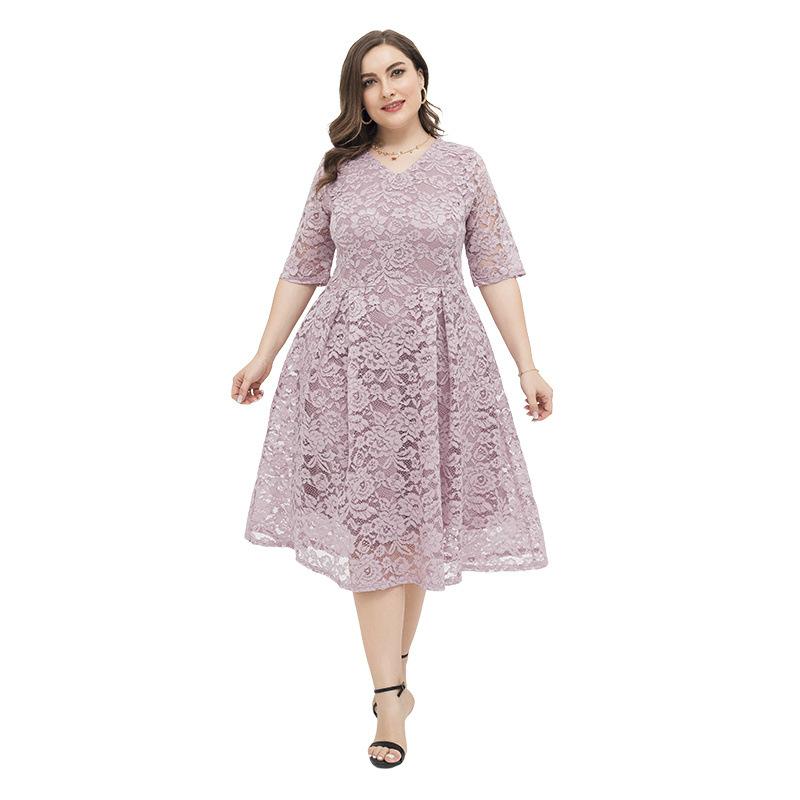 Women Plus Sizes Lace Short Sleeve Dresses-STYLEGOING