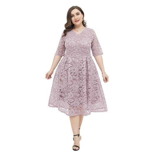 Women Plus Sizes Lace Short Sleeve Dresses-STYLEGOING