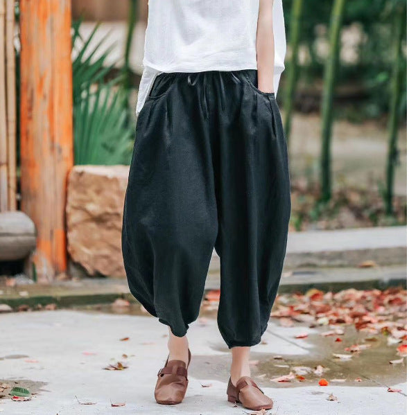 Ethnic Linen Elastic Waist Casual Pants for Women