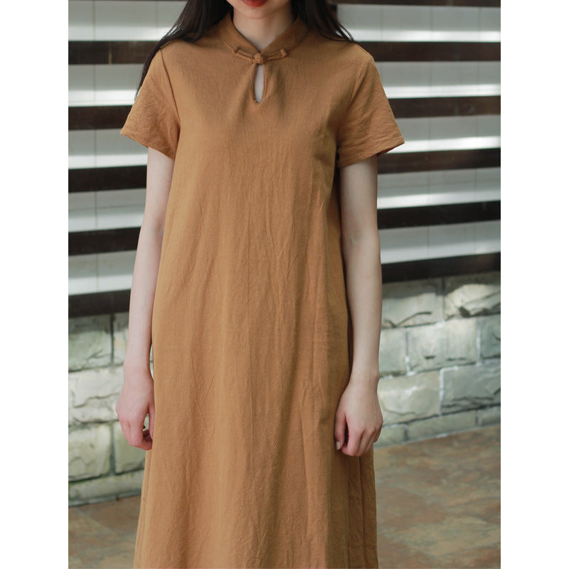 Linen Short Sleeves Stand Collar Vintage Summer Dresses