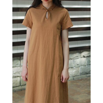 Linen Short Sleeves Stand Collar Vintage Summer Dresses