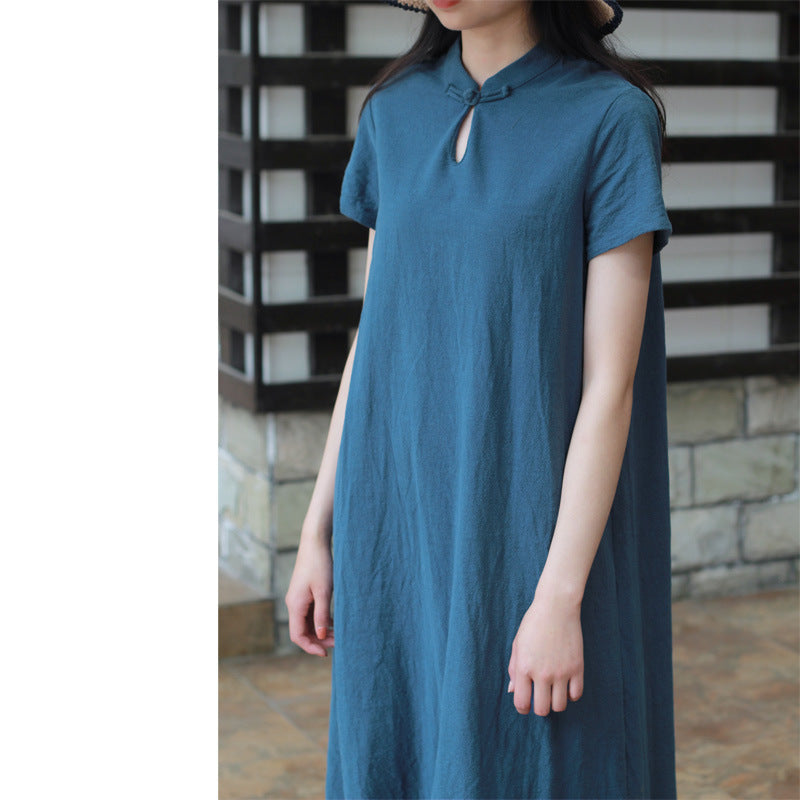Linen Short Sleeves Stand Collar Vintage Summer Dresses
