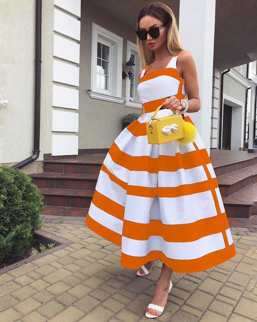 Summer Women Striped Strap Fashion Midi Dresses-STYLEGOING