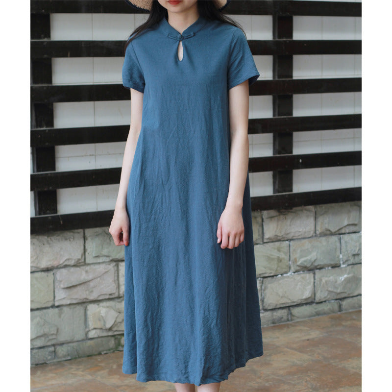 Linen Short Sleeves Stand Collar Vintage Summer Dresses