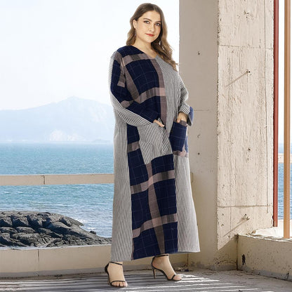 Plus Sizes Striped Causal Long Sleeves Fall Dresses-STYLEGOING