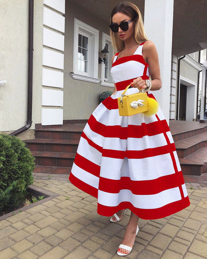 Summer Women Striped Strap Fashion Midi Dresses-STYLEGOING