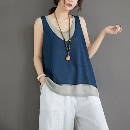 Casual Summer Fake Two Pieces Linen Women Vest Tops
