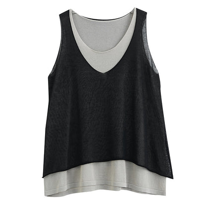 Casual Summer Fake Two Pieces Linen Women Vest Tops