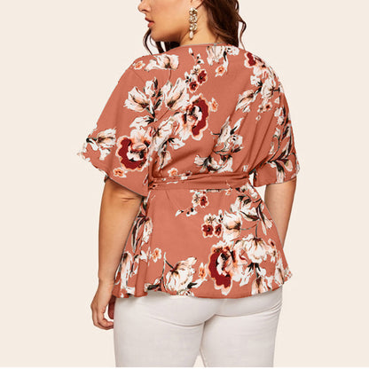 V Neck Short Sleeves Chiffon Plus Sizes Women Blouses