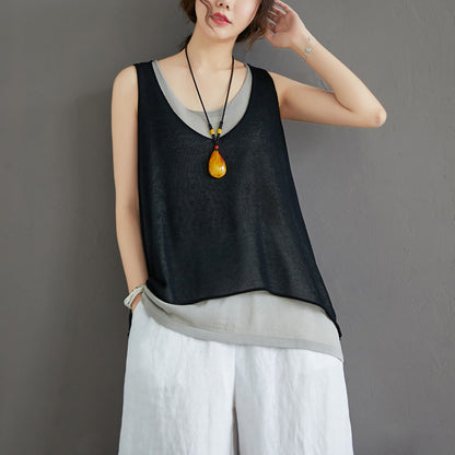 Casual Summer Fake Two Pieces Linen Women Vest Tops