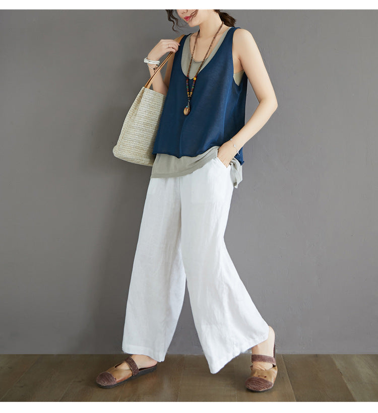 Casual Summer Fake Two Pieces Linen Women Vest Tops