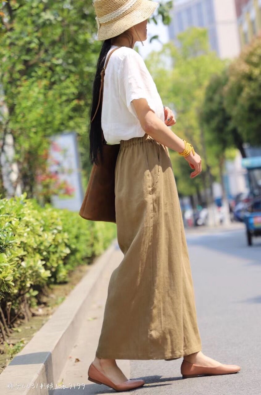 Vintage Elastic Waist Casual Wide Leg Pants