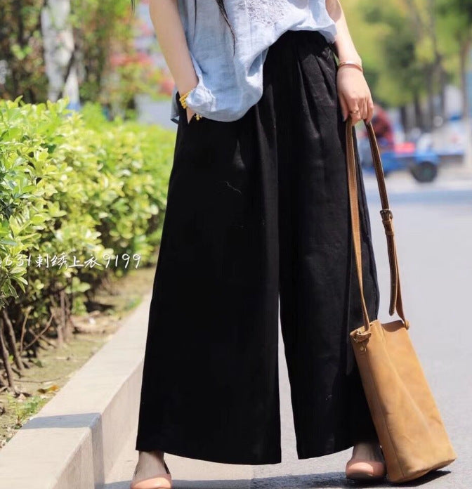 Vintage Elastic Waist Casual Wide Leg Pants