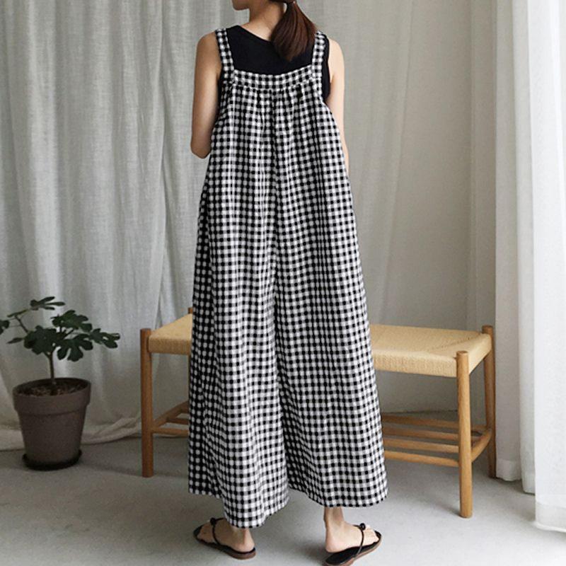 Vintage Women Plaid Loose Sleeveless Jumpsuits-STYLEGOING