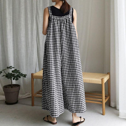 Vintage Women Plaid Loose Sleeveless Jumpsuits-STYLEGOING