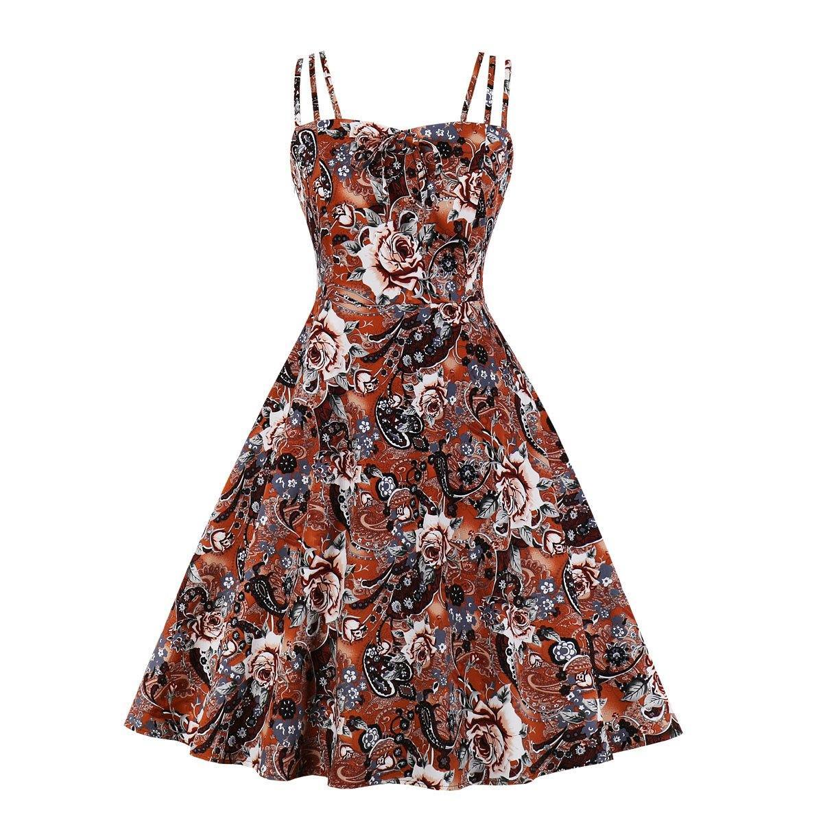 Women Summer Floral Print Retro Dresses-STYLEGOING