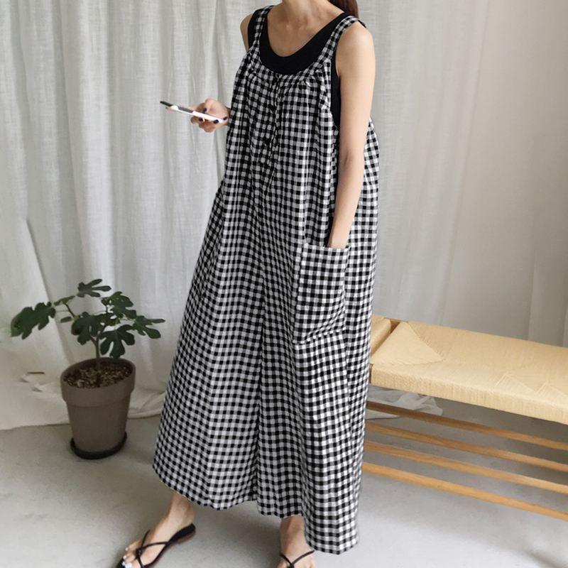 Vintage Women Plaid Loose Sleeveless Jumpsuits-STYLEGOING
