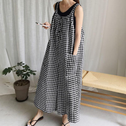 Vintage Women Plaid Loose Sleeveless Jumpsuits-STYLEGOING