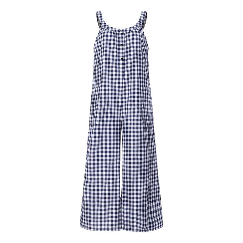 Vintage Women Plaid Loose Sleeveless Jumpsuits-STYLEGOING