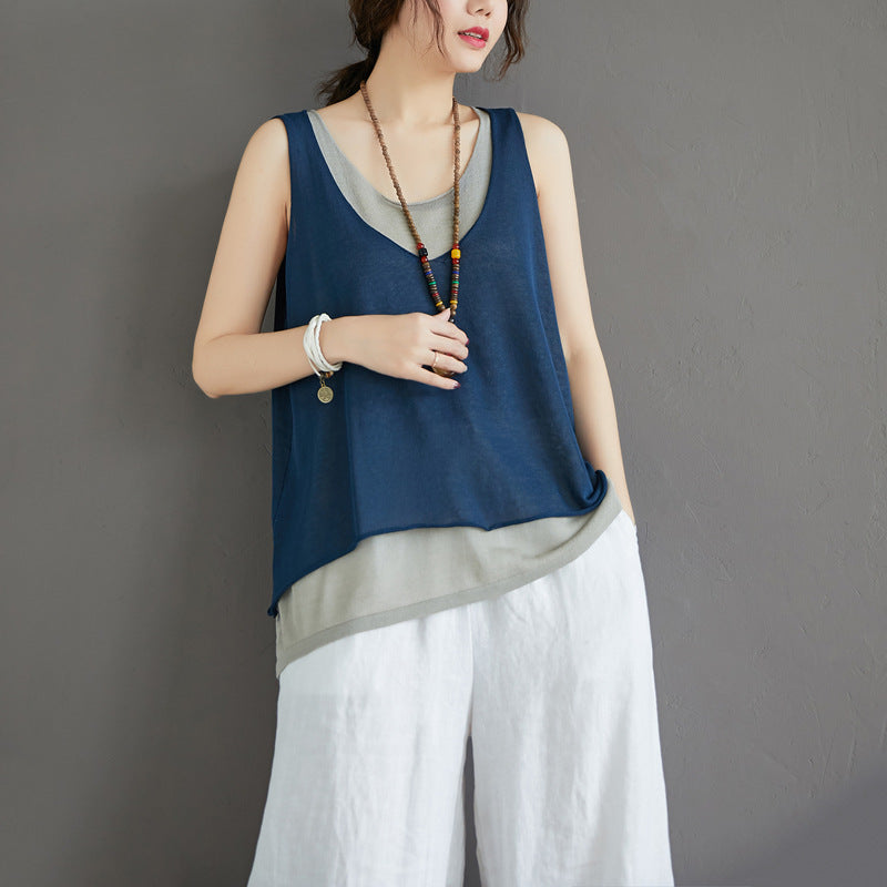 Casual Summer Fake Two Pieces Linen Women Vest Tops