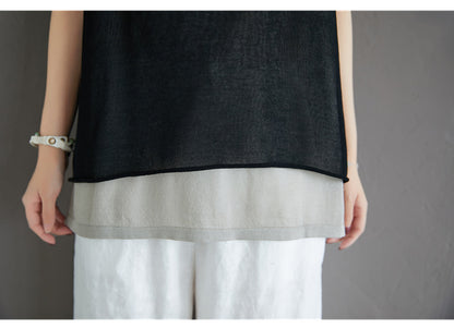 Casual Summer Fake Two Pieces Linen Women Vest Tops