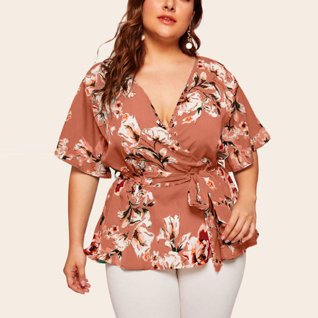 V Neck Short Sleeves Chiffon Plus Sizes Women Blouses