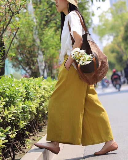 Vintage Elastic Waist Casual Wide Leg Pants