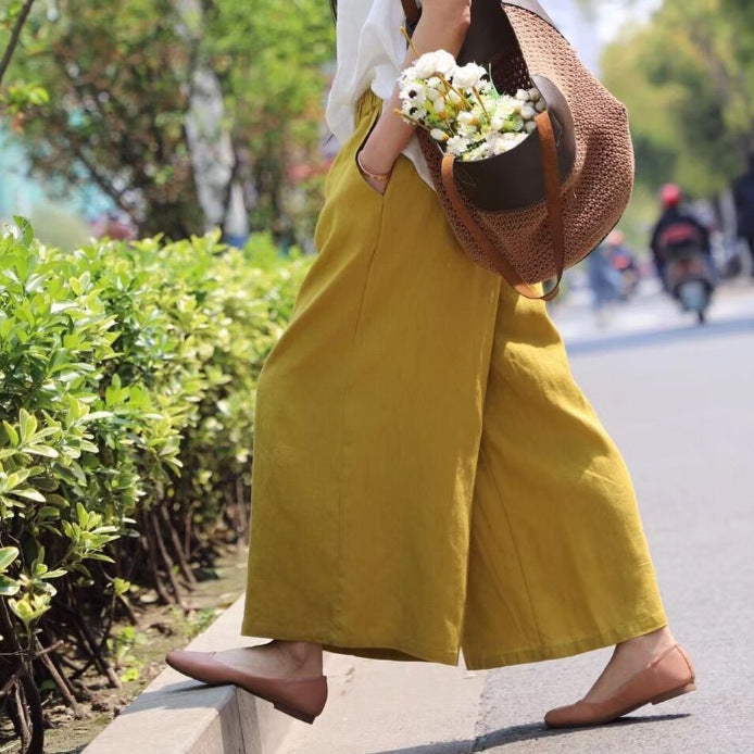 Vintage Elastic Waist Casual Wide Leg Pants