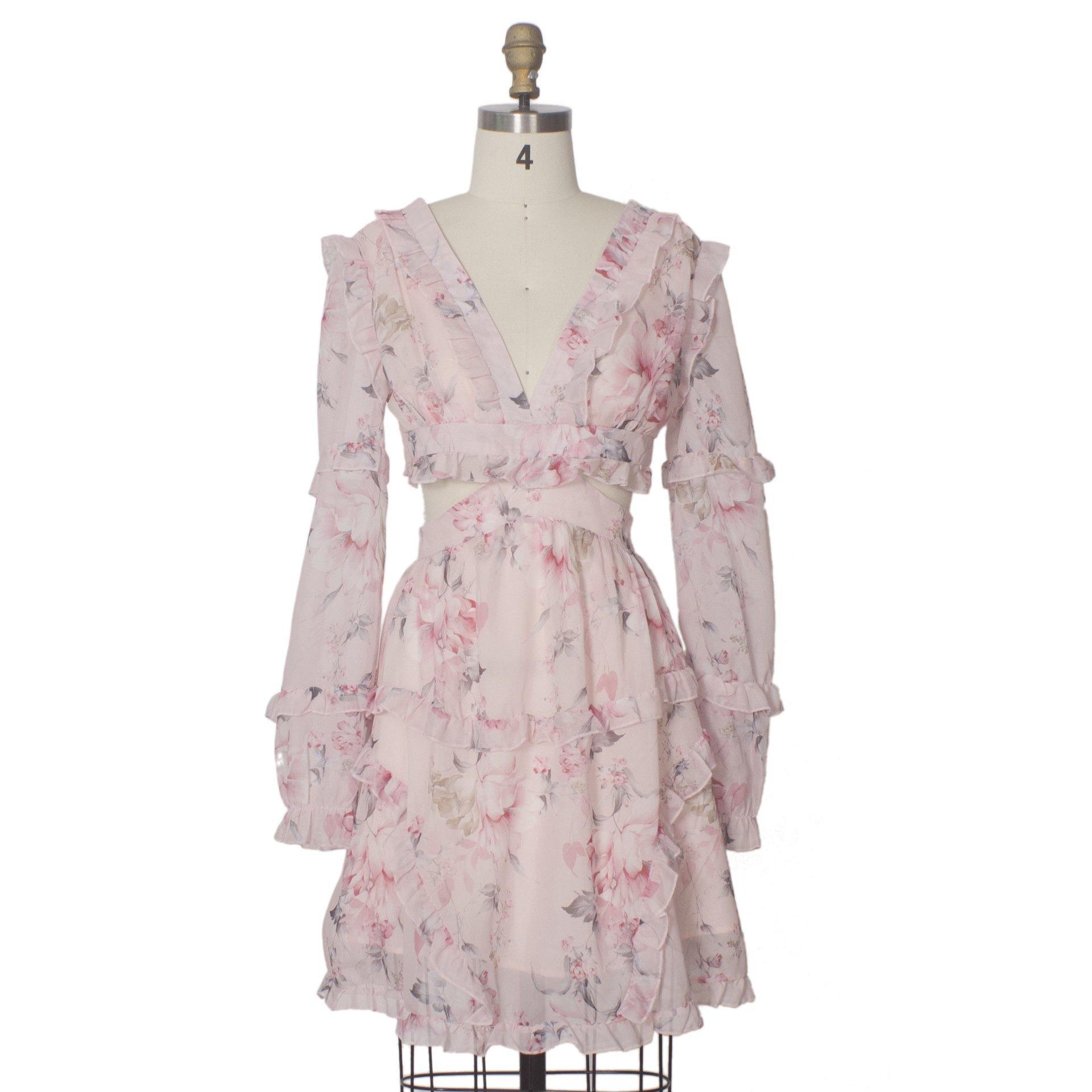 Women Pink Chiffon Short Mini Dresses-STYLEGOING