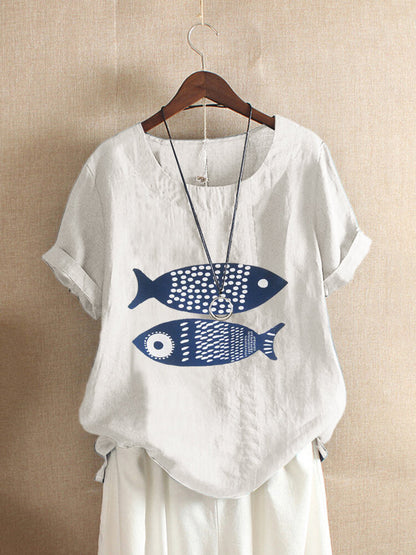 Women Fish Print Short Sleeves Linen Casual T Shirts
