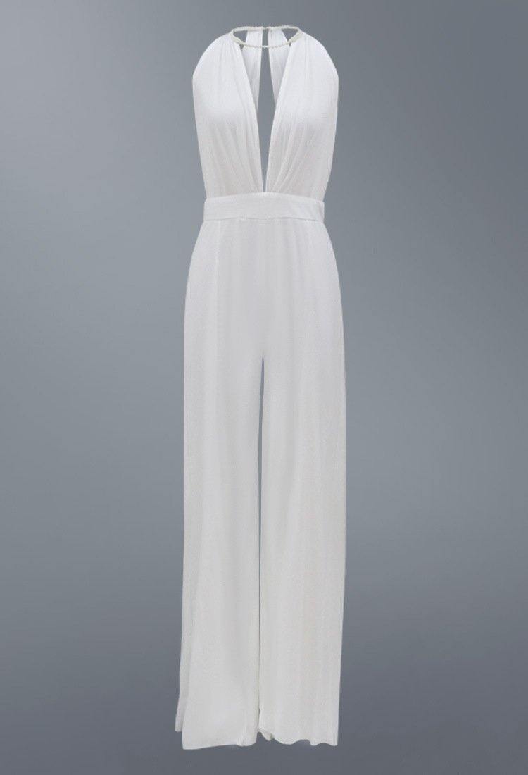Women White Backless Halter Causal Sexy Jumpsuits-STYLEGOING