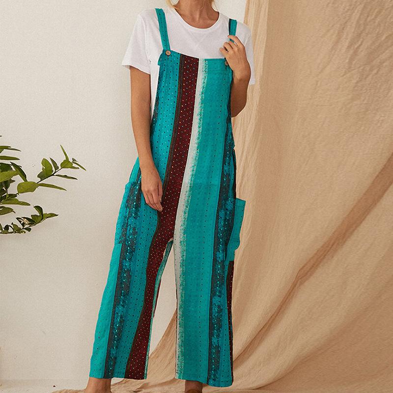 Women Linen Print Straps Jumpsuits-STYLEGOING