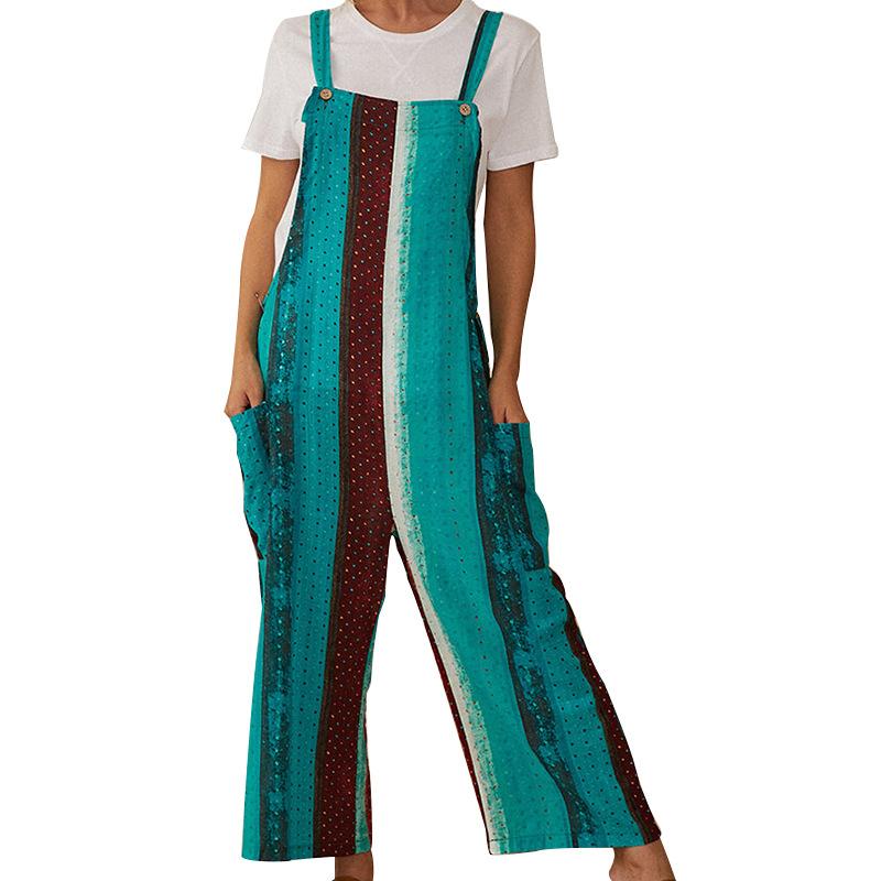 Women Linen Print Straps Jumpsuits-STYLEGOING