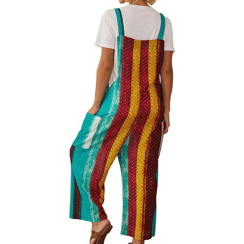 Women Linen Print Straps Jumpsuits-STYLEGOING